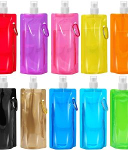 10 Pcs Collapsible Foldable Water Bottle 480ml, Leak Proof with Carabiner, BPA Free, Reusable Drinking Bags for Travel, Gym, Camping, Hiking