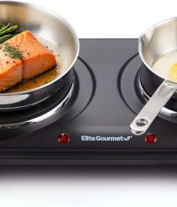 Elite Gourmet EDB-302BF# Countertop Double Cast Iron Burner, 1500 Watts Electric Hot Plate, Temperature Controls, Power Indicator Lights, Easy to Clean, Black